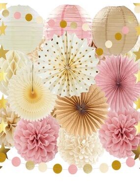 Boho Paper Party Decorations, Blush Pink Champagne Gold Elegant Party Decor